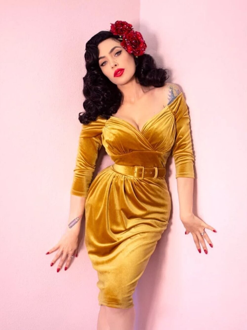 Vixen By Micheline Pitt Starlet Vintage Inspired Mustard Velvet Dress with Belt